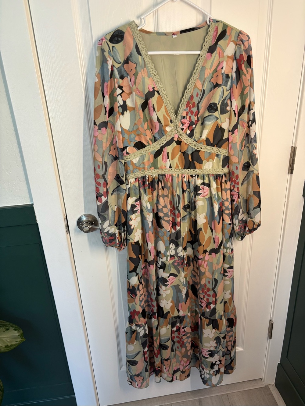 Boho Floral Midi Dress Women’s Large Cottagecore Lace Trim Long Sleeve Dress